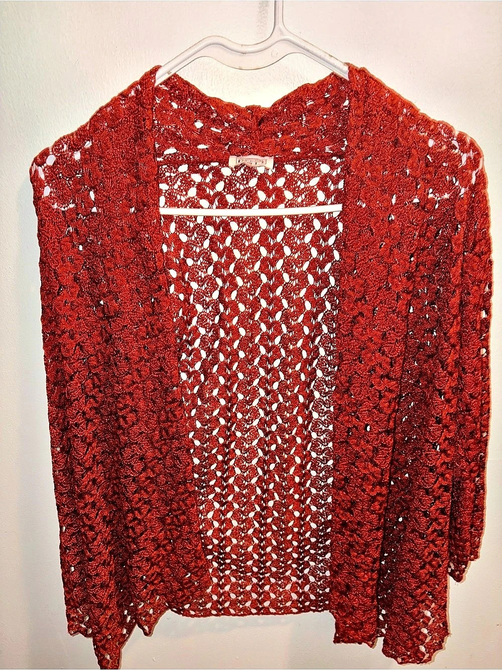 Red Crochet Open Front Cardigan Like New